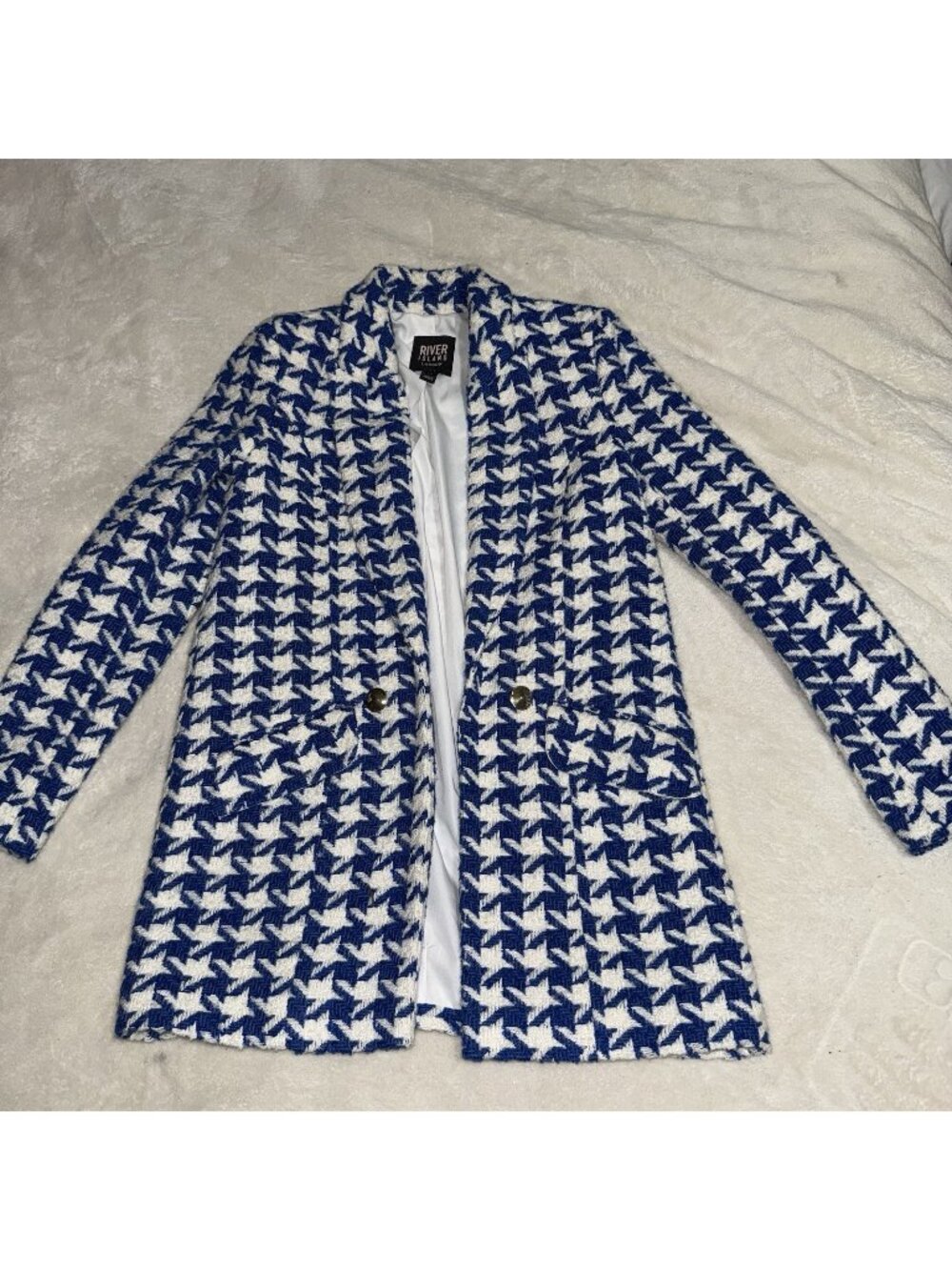 River Island Womens Size 2 Blue White Houndstooth Long Coat Blazer Jacket